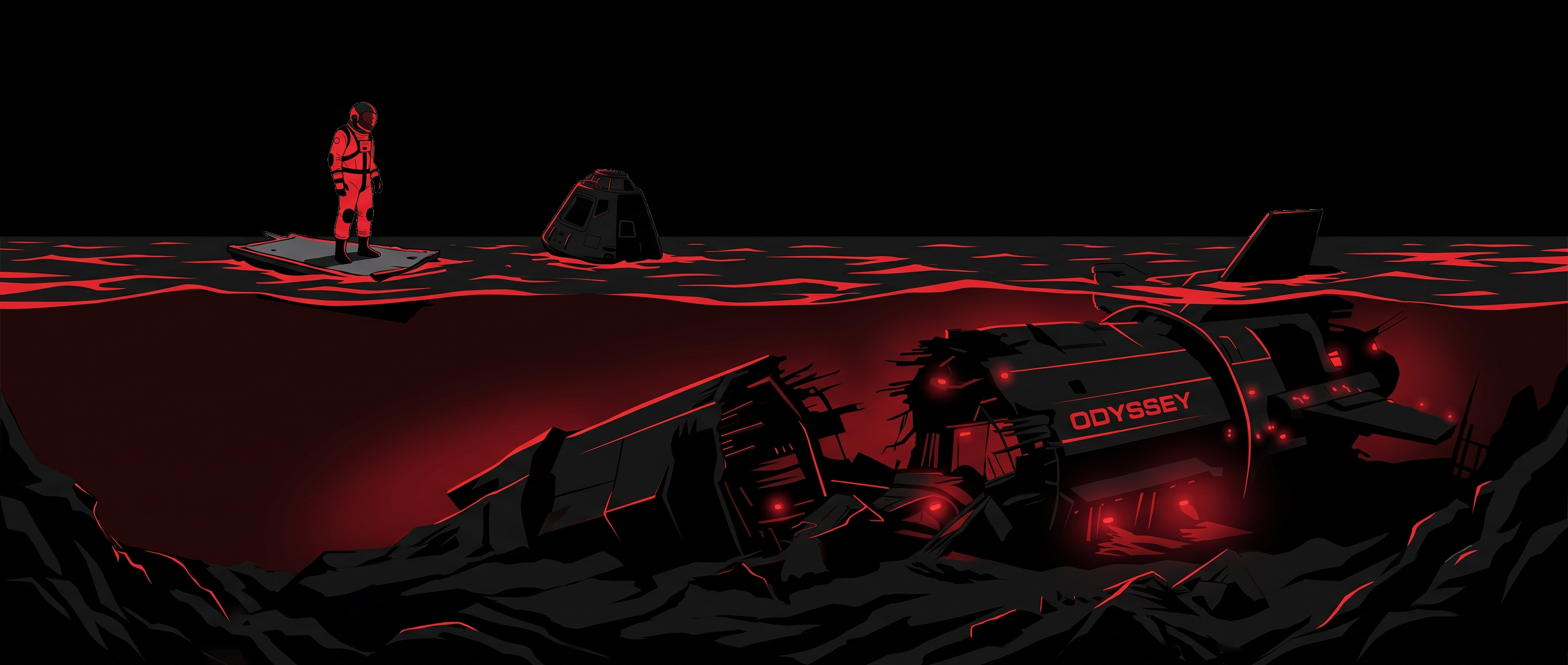 Odyssey Shipwreck — an astronaut adrift above the sunken wreck of the Odyssey